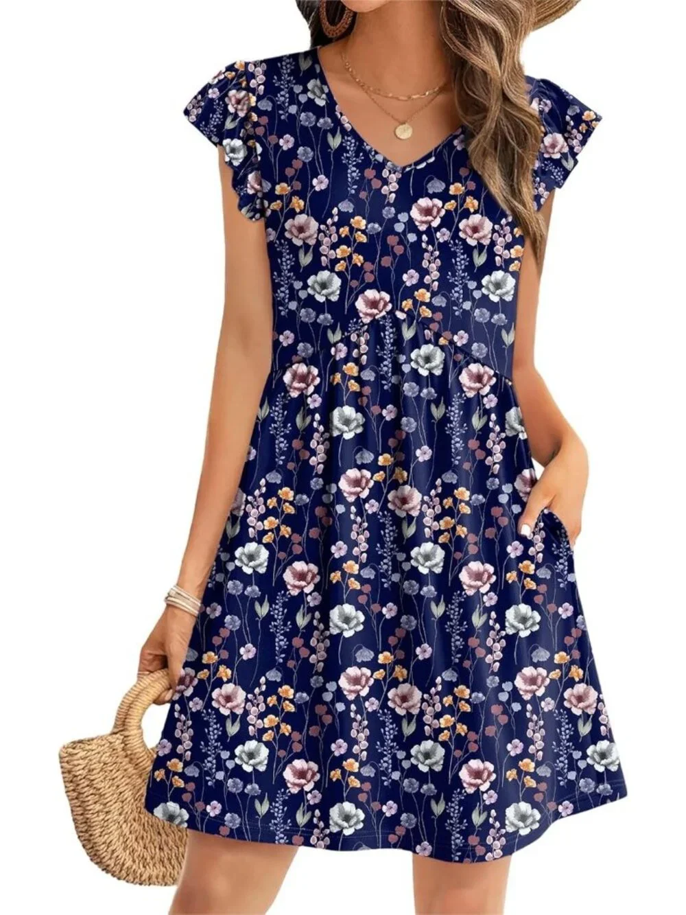 Women's Floral Navy Blue Ruffle Sleeve Baby Doll V Neck Imported Causal Dress